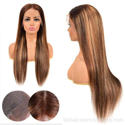 Brazilian 13X4 T seam front lace lace front human hair wig 100% human hair wigs P4/27 color virgin hair Remy wig wholesaler